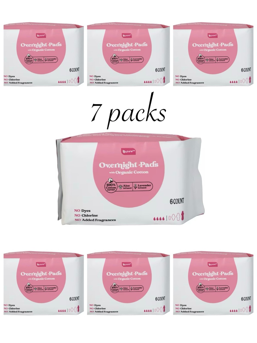 7 packs of 6 count b.pure Lavender & Aloe Infused Organic Cotton Overnight Pads